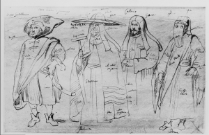 Peter Paul Rubens. 1610-15. Four figures in Oriental dress, a Moorish warrior, two members of the Greek clergy, a lady with a facial veil. drawing. Place: British Museum, http://www.britishmuseum.org/. https://library.artstor.org/asset/AGERNSHEIMIG_10313163248.